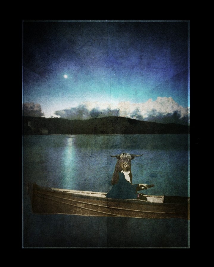 Animal Photography Mixed Media Collage Bull Art Dark Blue Art for the nursery 8x10 Print- le taureau et la lune