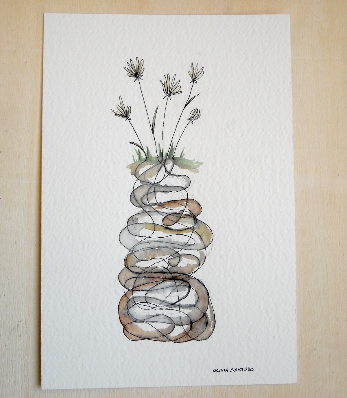 Flowers and roots  -  original ink-pen and watercolor drawing - autumn