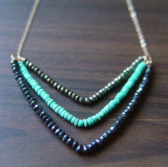 Chevron Pyrite Turquoise Necklace 14k Gold