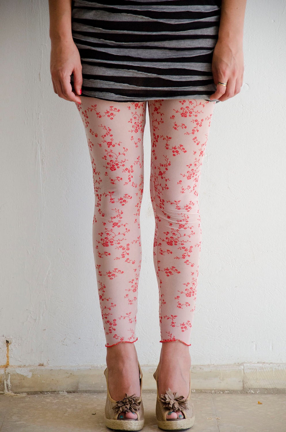 White Leggings with Tiny Red Flowers, Handmade, Made to Order in XS S M L XL XXL