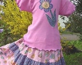 Girls Pink Twirl Skirt Set Tiered Cat Skirt w/Flower Applique Top Cotton Girls clothing size 4 5 6 7 8 10 12 14 Spring Children Clothes