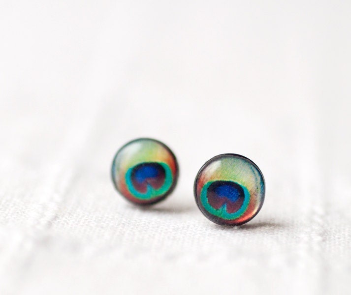 Peacock earings studs - Tiny stud earrings - Peacock wedding, bridesmaids earrings (E094)