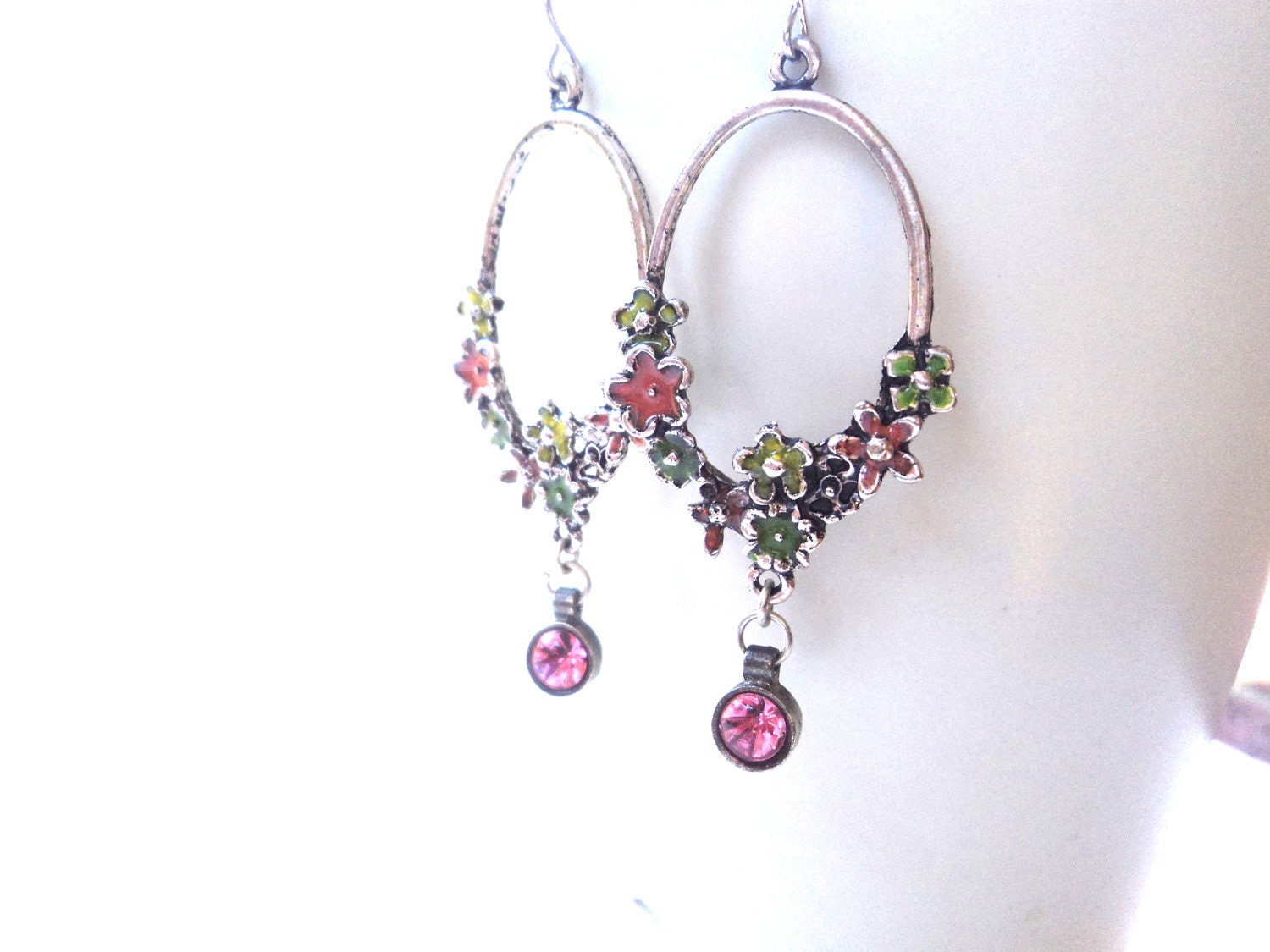 Earrings, Flower, Bouquet, Pink, Silver, Hoops