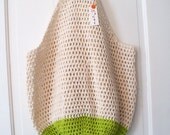 Crochet Beach Bag in Sand and Lime Green Oversize Crochet Cotton Tote Bag