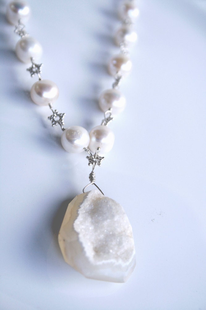 Bridal Necklace Freshwater Pearls Druzy Quartz
