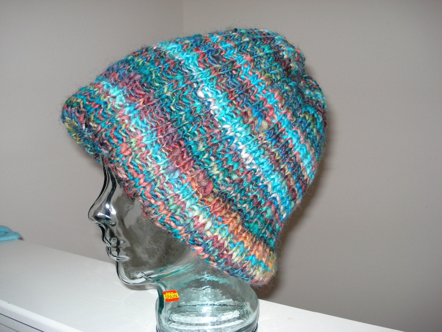 Ready to ship - GORGEOUS HAND KNITTED /This is a knit double thick hat handspun  yarn/ Oversized Knitted Beanie/Melted Crayons