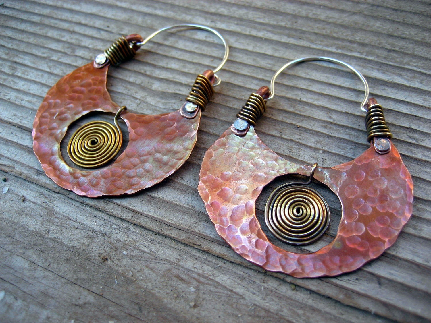 Big Pachamama Hoop Earrings, Spiral, Copper, Brass, Sterling Silver Metalsmith Jewelry, Tribal  Boho Chic