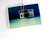 Vintage camera still life photograph 1960s Ilfomatic 126 film camera 5 x 7 art print blue green Typescale home decor