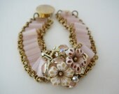 Pink Flower Bracelet, Cuff Goldtone, Czech Glass Eco Friendly