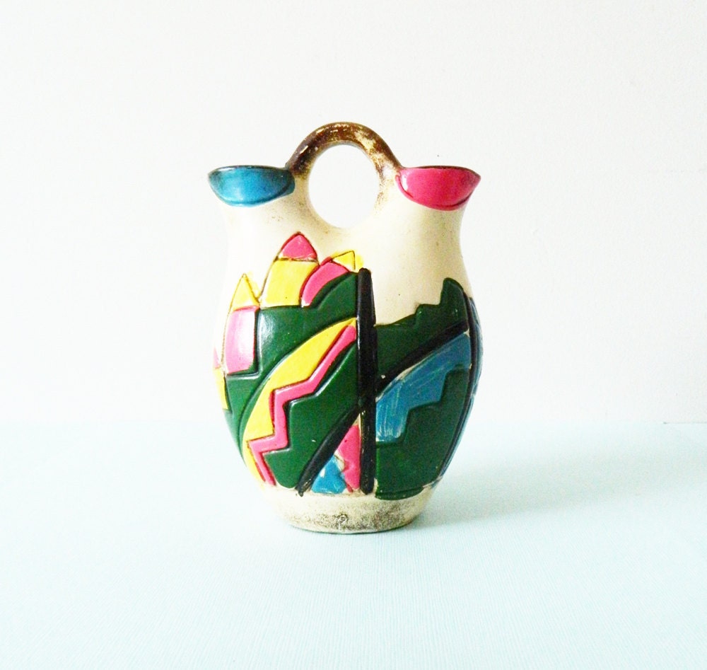 Bright Vintage Tribal Vase/Neon Tribal Aztec Pottery Vessel/Geometric Aztec Vase