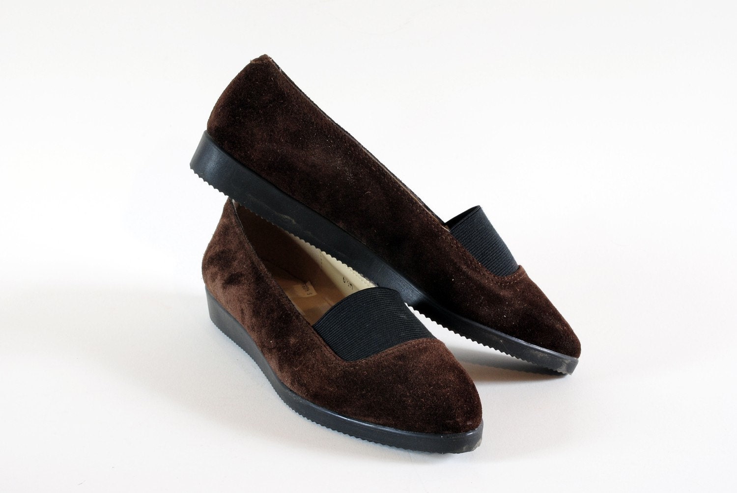 80s NOS Brown Suede Almond Toe Elastic Panel Flats W Mini Wedge Heel 6, 6.5. Made In Spain.