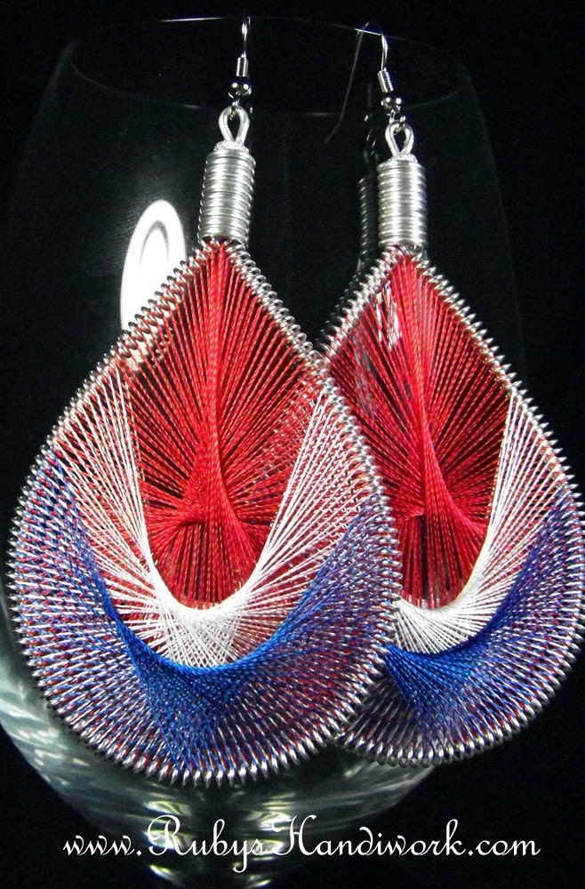 Handmade Thread Earrings, July 4th, Independence Day, RubysHandiwork.com