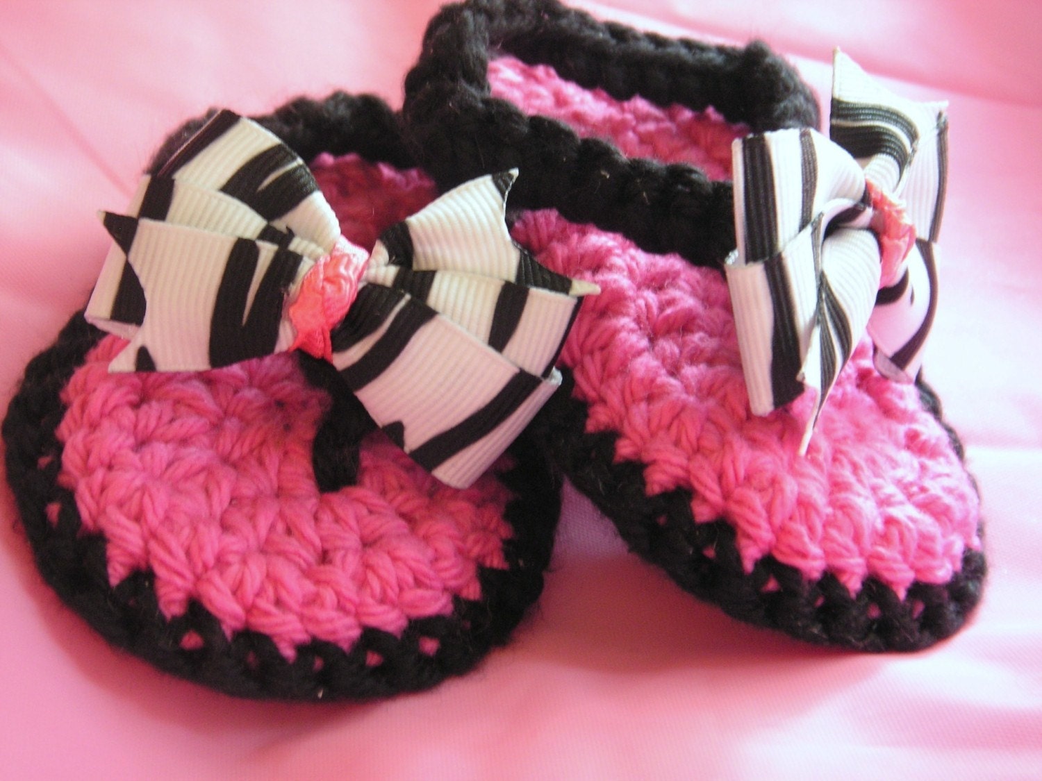 Crochet Baby Thong Sandals in Black and Hot Pink with Zebra Print Bow