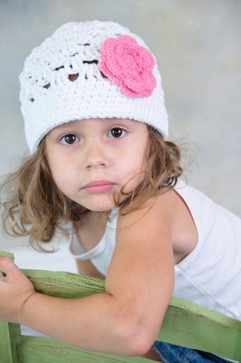 Crochet Boutique Blossom Beanie - White with Pink Blossom