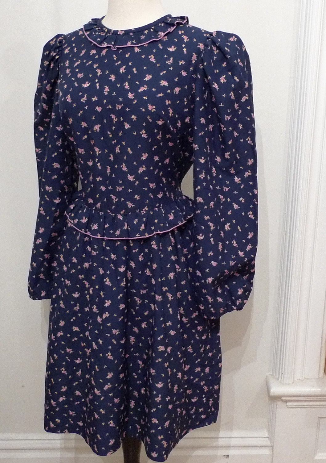 Vintage  Prairie Mini Dress,  Calico Blue Floral,  Peplum, Many Sizes