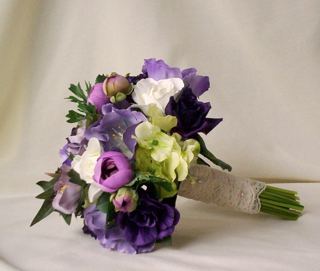 2013 Bridal Trends Wedding Accessories Bouquet Purple Lavender Vineyard Shabby Vintage lace wrap custom Bridal brides maid silk bokay