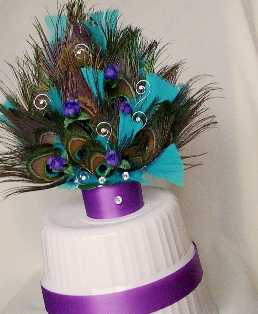 Peacock Wedding Cake Top PurpleTurquoise AmoreBride original feather topper Bridal Party Event Peacock reception Decorations accessories