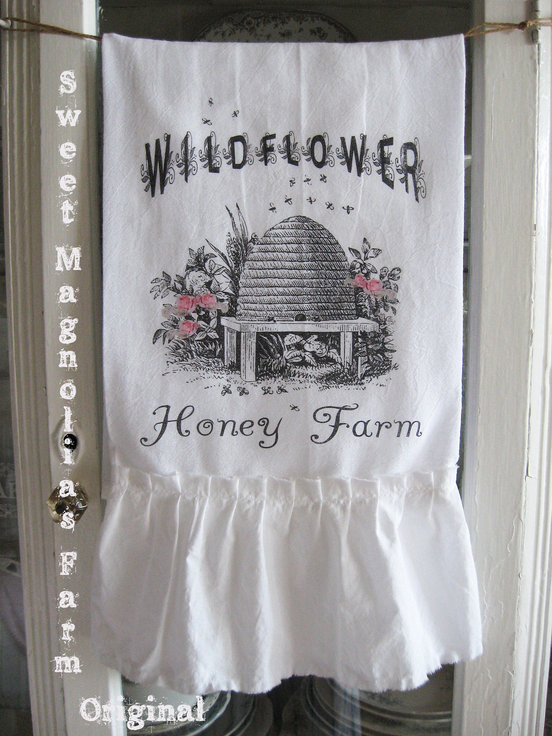 Flour Sack Kitchen Towel ...Shabby Cottage Garden Bee Skeep Hive - Honey Farm ...for your Home, Farmhouse or Cottage