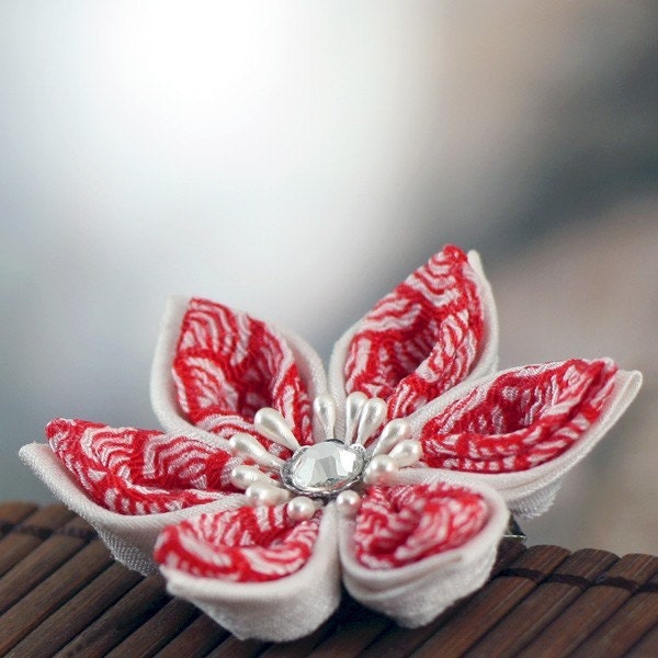 Hair Bow: Kanzashi Fabric Flower, Red and White Silk and Chirimen - Pearl Dragon