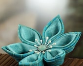 Turquoise Blue Fabric Brooch: Wedding Brooch, Silk Kanzashi, Teal - Sashiko Star