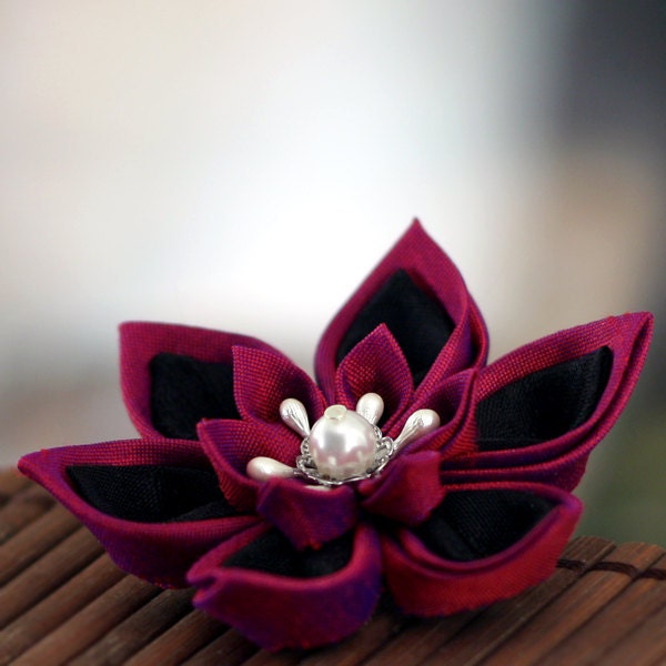 Silk Flower Clip: Bridal Hair Accessories, Pink and Black Kanzashi - Gothic Romance
