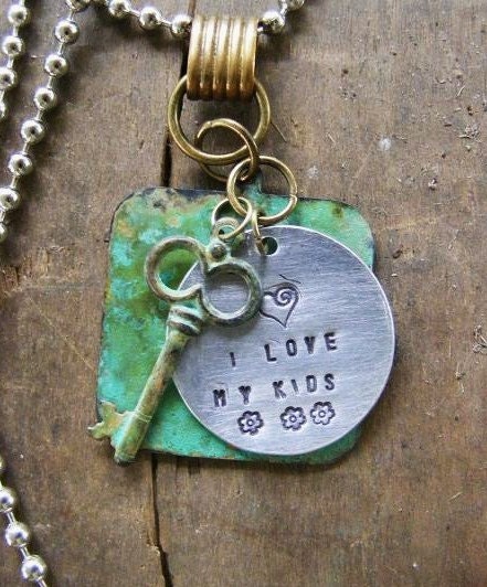 Hand Stamped Pendant on Verdigris Patina Square Tag with Skeleton Key Charm