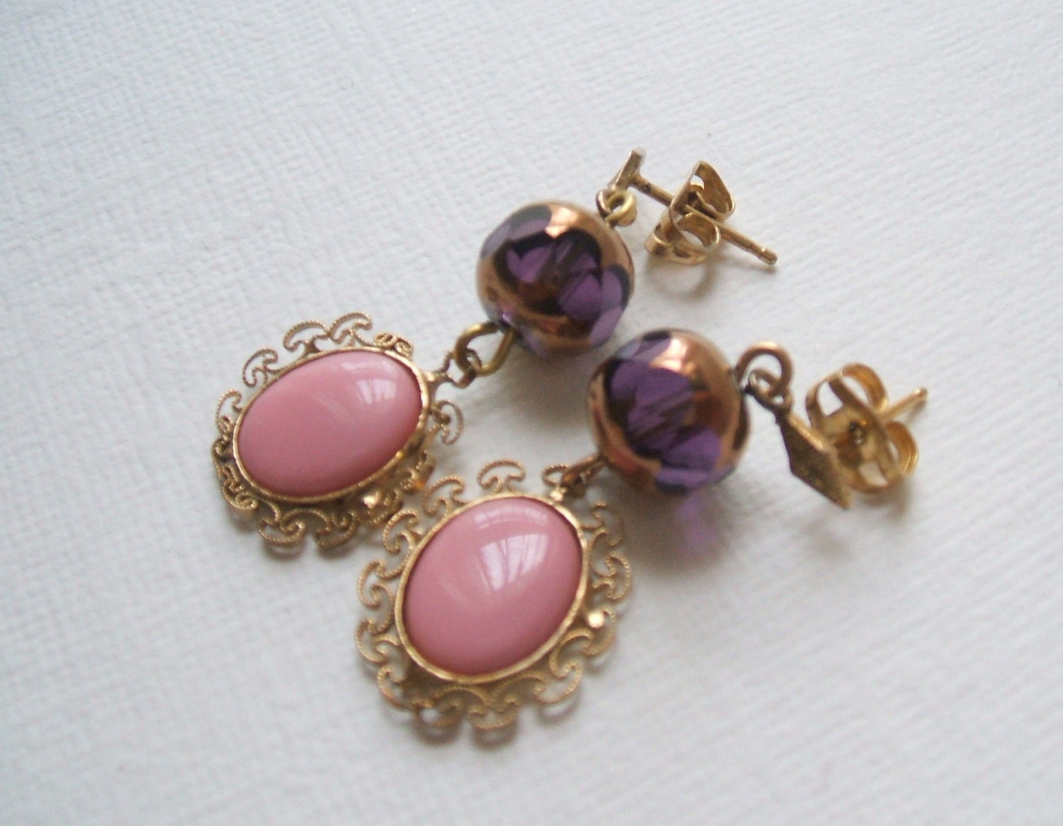Gold filigree with faceted amethyst glass earrings