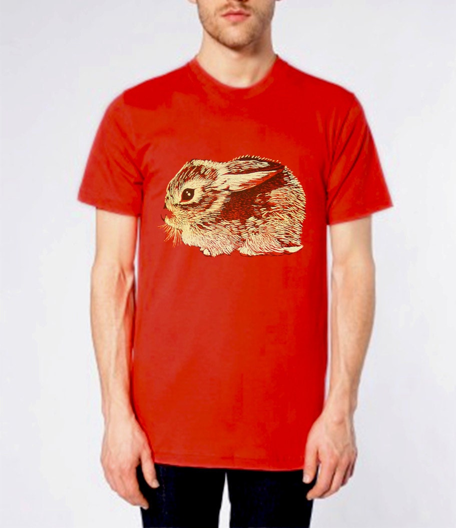 Sale - Baby Cottontail Rabbit Tshirt - eco friendly gold and brown screenprint on red cotton crew neck - Unisex mens sizes XS, S, M, L, XL