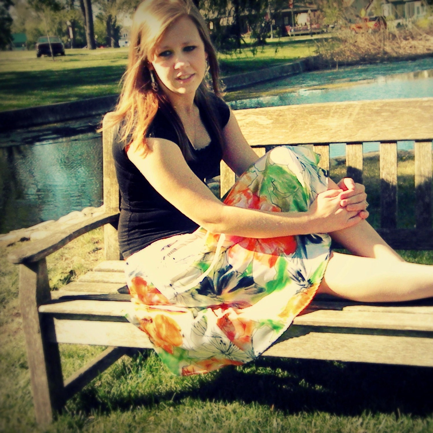 Summer Skirt, Nectarine Orange & Light Green Skirt, A-line Skirt, fashion skirt, knee length skirt, floral print skirt, sizes S, M, L