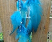 Turquoise Feather and Silver Chain Earrings, Burlesque, Long Feather Earrings,