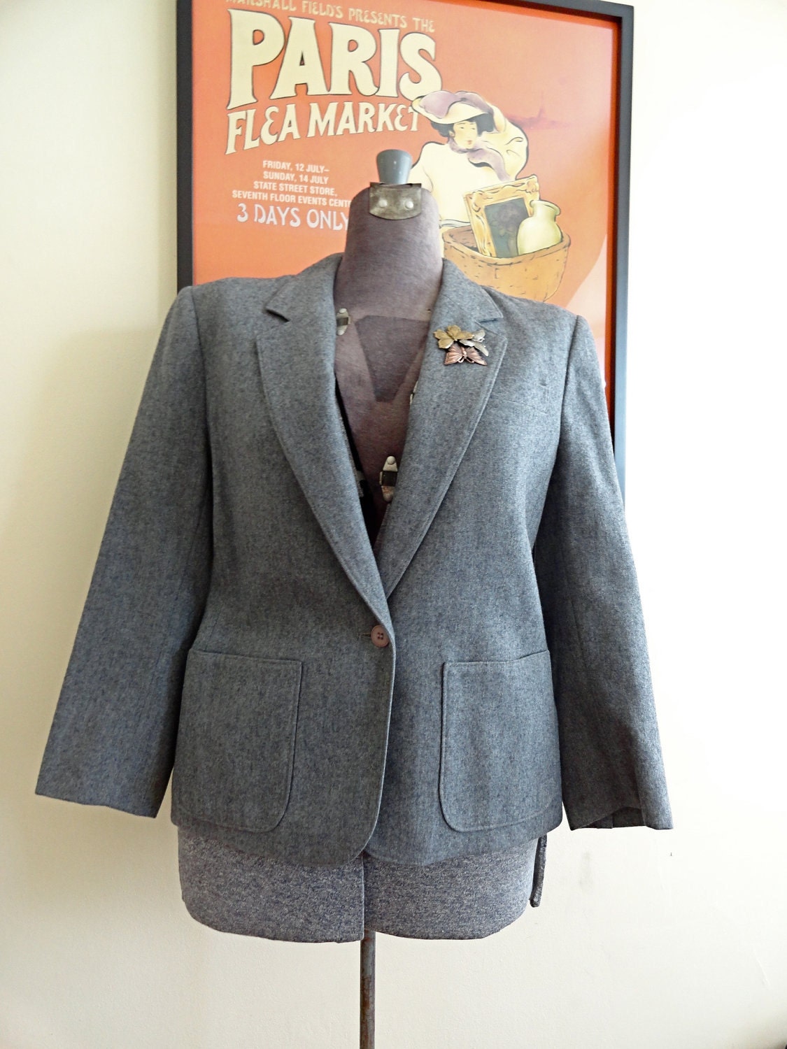 VIntage 60's Pendelton Heather Gray Wool Blazer Jacket With Copper Butterfly Pin (sz P 12)