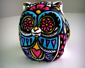 Ceramic Owl Decor Folk Art Tattoo Day of the Dead Flowers Hand Painted Hearts Black White Pink Green Yellow Blue by sewZinski