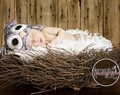 3-6 month pink and gray owl hat with earflaps