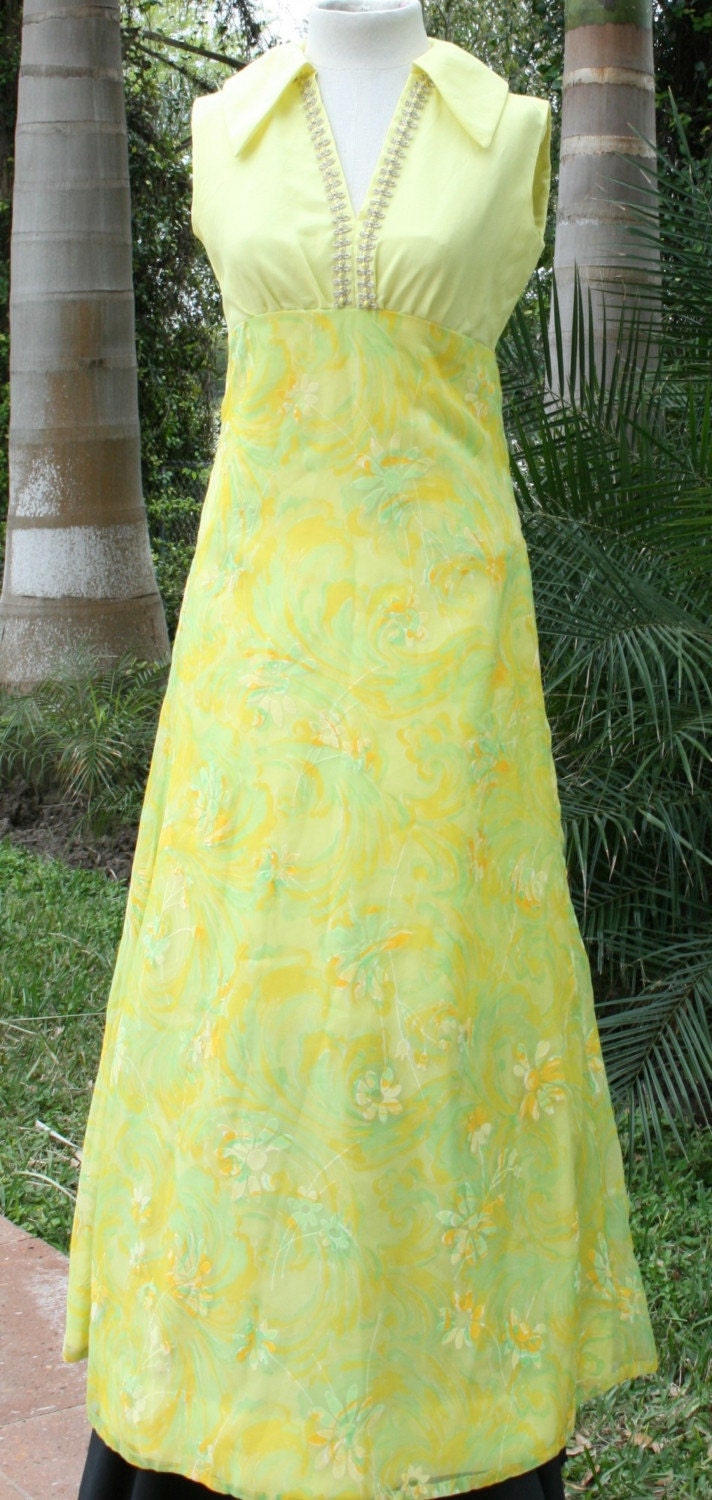 Yellow is Such a Happy Color - Sleeveless Maxi with Floral Chiffon Skirt - 1970s Vintage Bridesmaid Dress