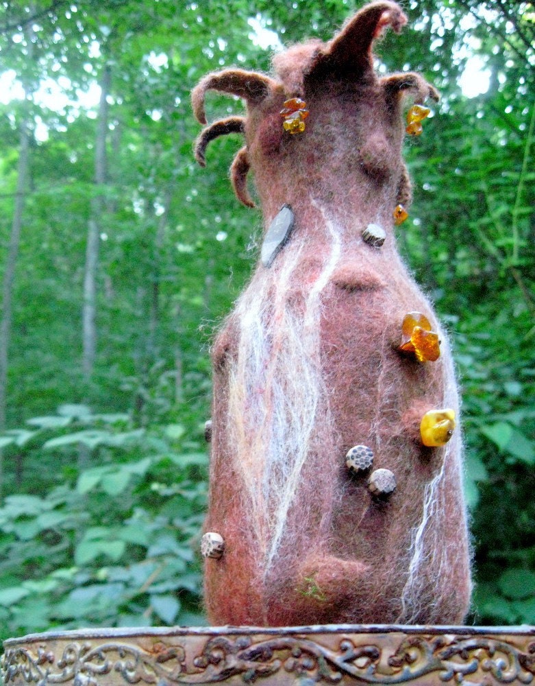 Felted VASE embellished with AMBER and LEATHER  appliques