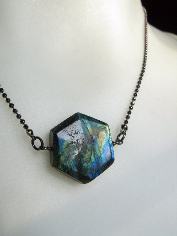 Labradorite Choker Necklace Hexagon Shape Sparkly Chain - Eagle Nebula