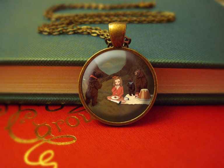 Jewelry for Girls, Girl Necklace, Kids Jewelry, Children's, Photo Jewelry Glass Pendant Gift, Cute, Fairytale - Goldilocks & Three Bears