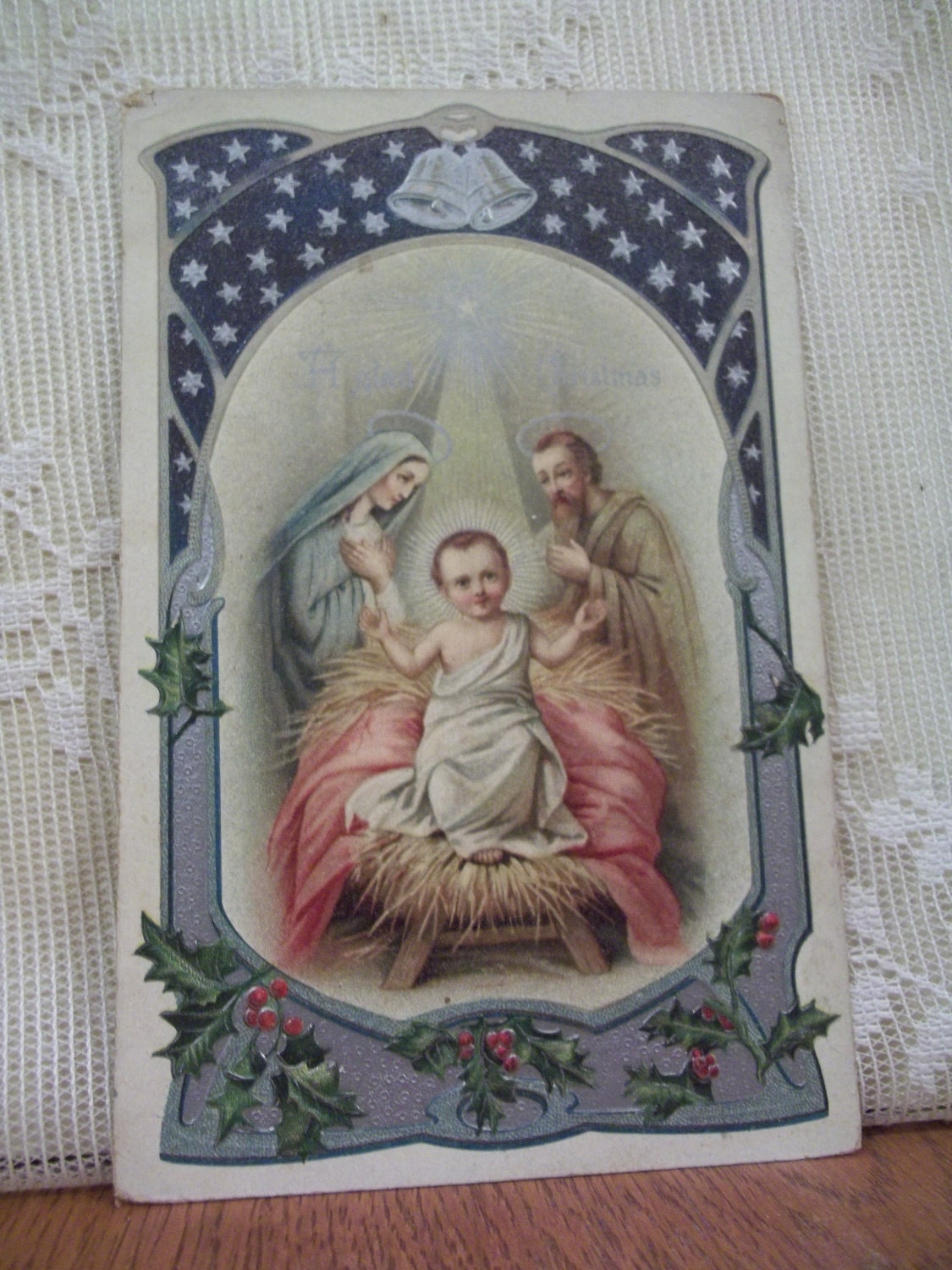 Baby Jesus in the Manger - Antique Embossed Christmas Postcard - Germany - early 1900's