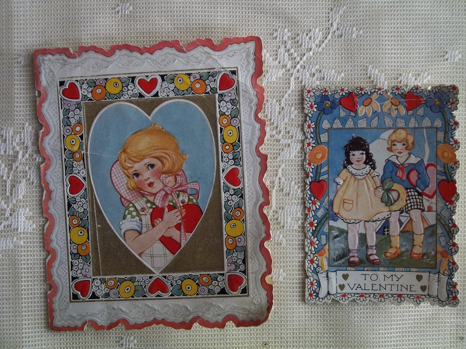 Cute Kids with Ornate Die Cut Borders - Embossed Valentine Card LOT - Whitney Made - 1920's