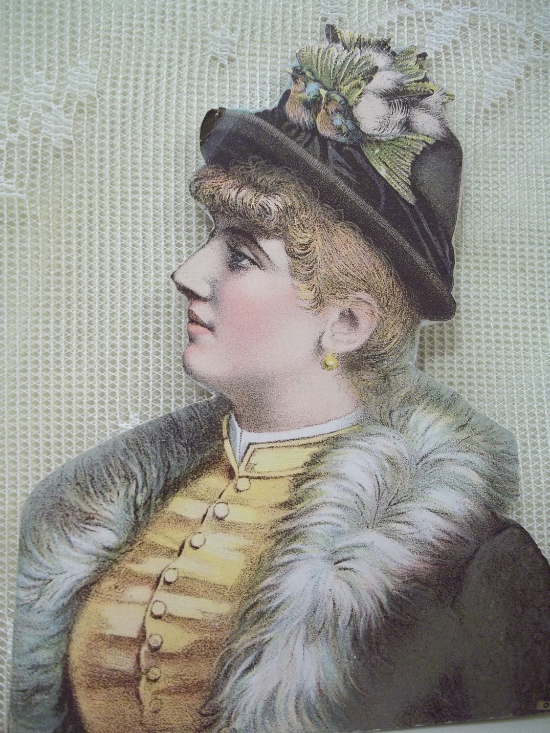Lady with Large Hat and Fur Jacket - The Myra Hat - Victorian Die Cut Scrap - Hill Brothers Millinery- 1885