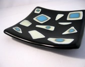 Blue Crush, fused glass sushi plate, black and blue soap dish, 5x5 square