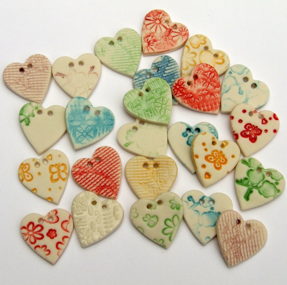 Heart Shaped Buttons - Porcelain Set of 5 - scrapbooking embellishments