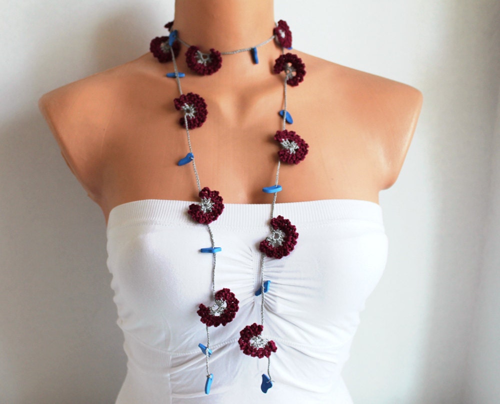 ON SALE Lariat Necklace Flower Necklace Burgundy Carnation Flowers Hand Crocheted Lariat Necklace or Bracelet