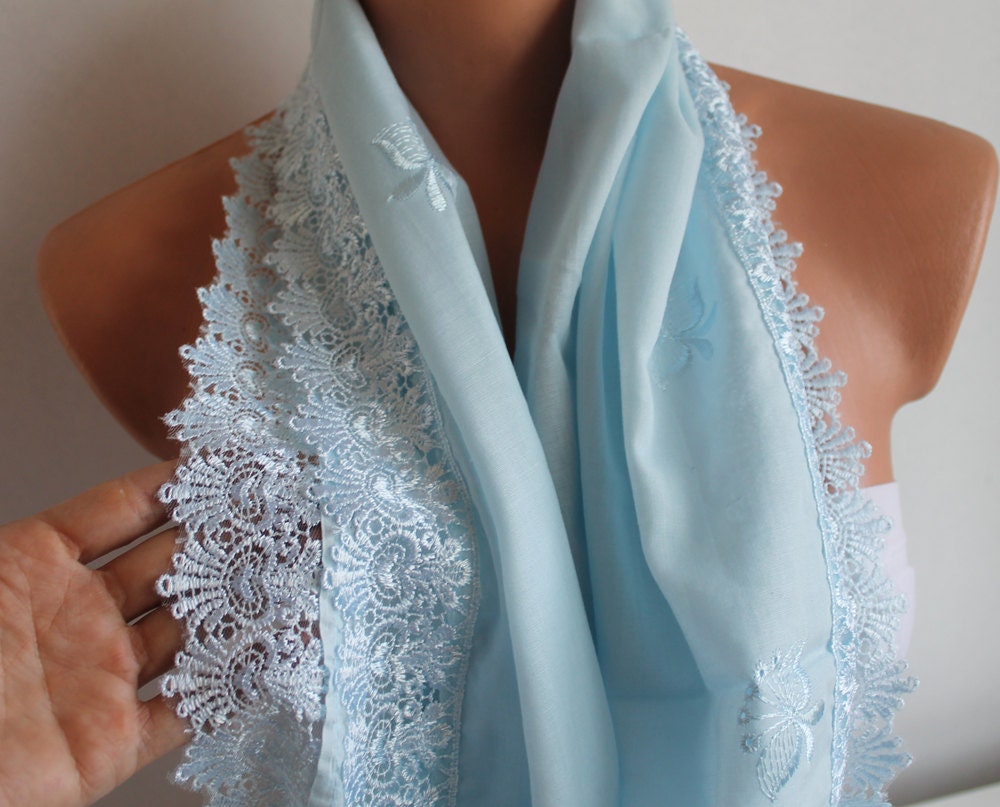 Blue  Embroidered Scarf, Shawl Floral Cotton Fabric with lace
