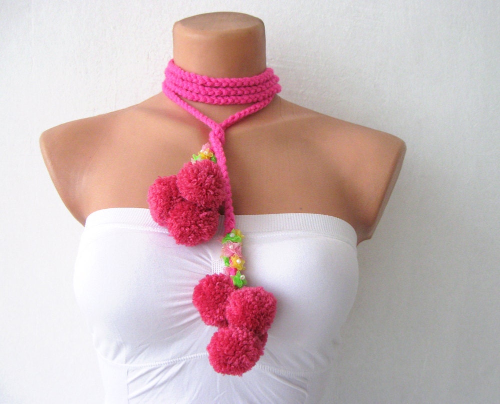 Fuchsia Pink Cute Pom Pom Crochet Scarf