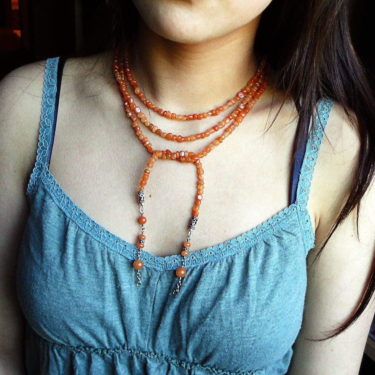 Red Aventurine Lariat Long Necklace 60 inches, Boho, Gypsy, Natural Stone Handmade Jewelry