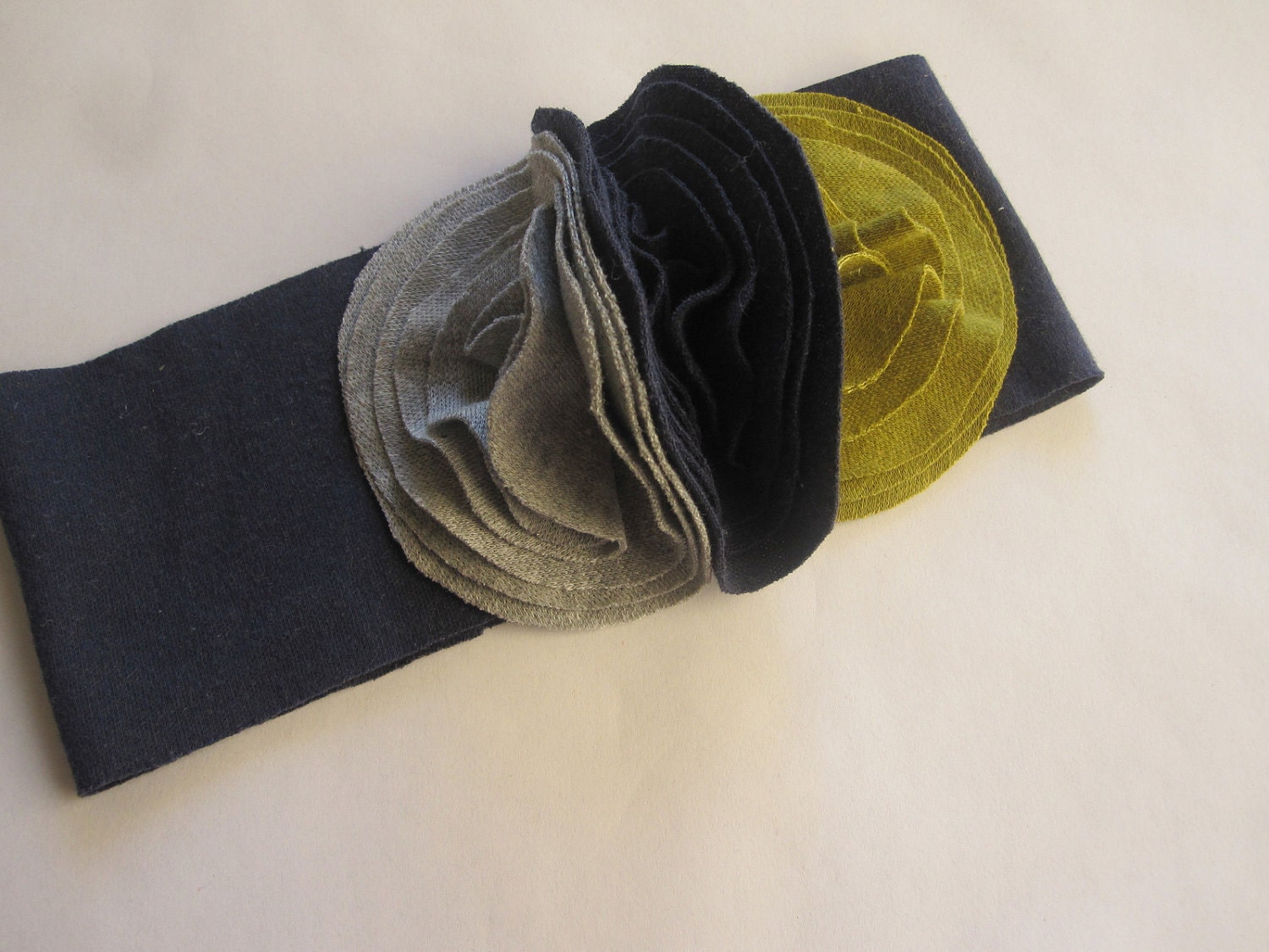 Infant Girl Headband, Wide Navy Band, Moss Navy And Grey Buds, Photography Prop