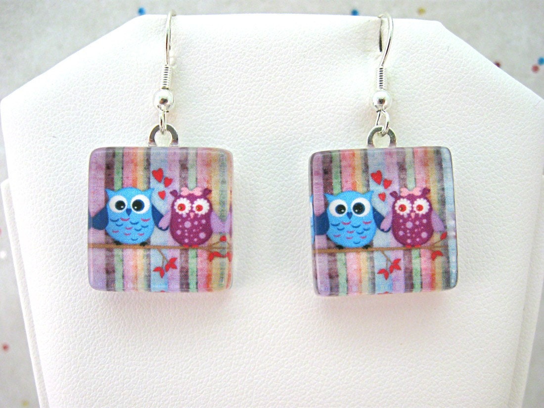 Owl Love Couple Colorful Handmade Glass Tile Earrings