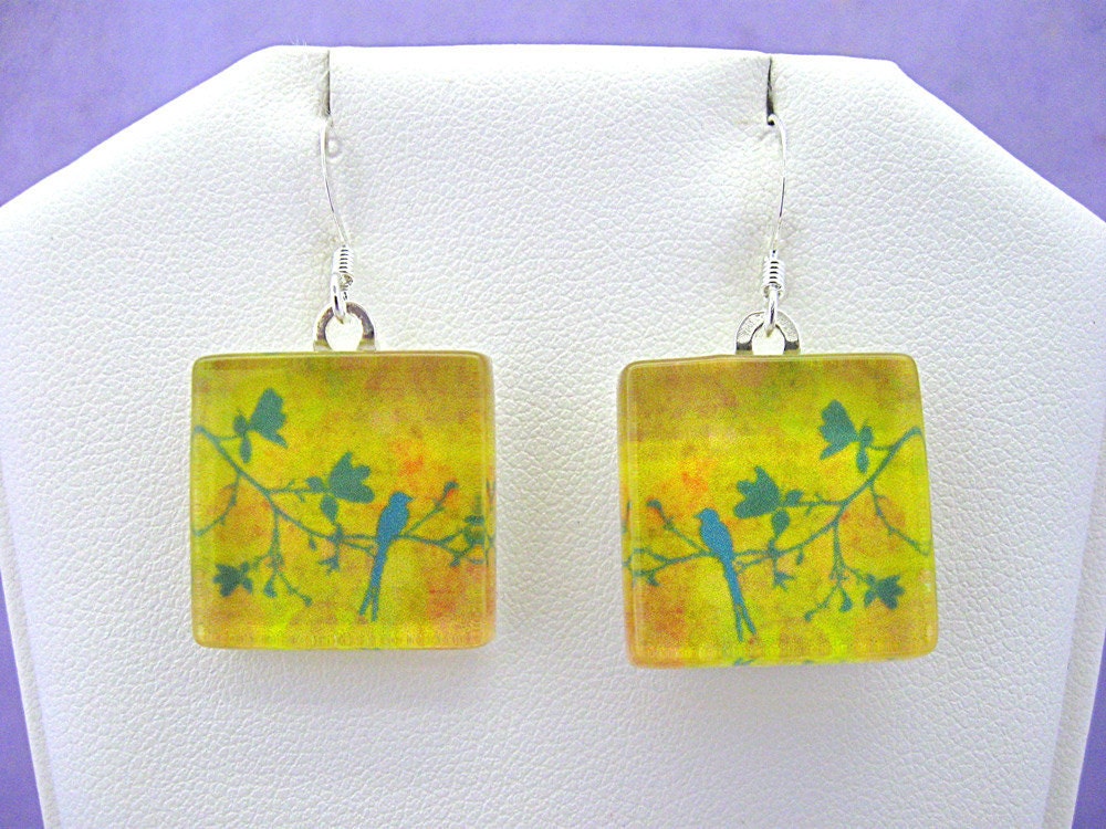 Bird on Branch Blue Silhouette Handmade Glass Tile Earrings