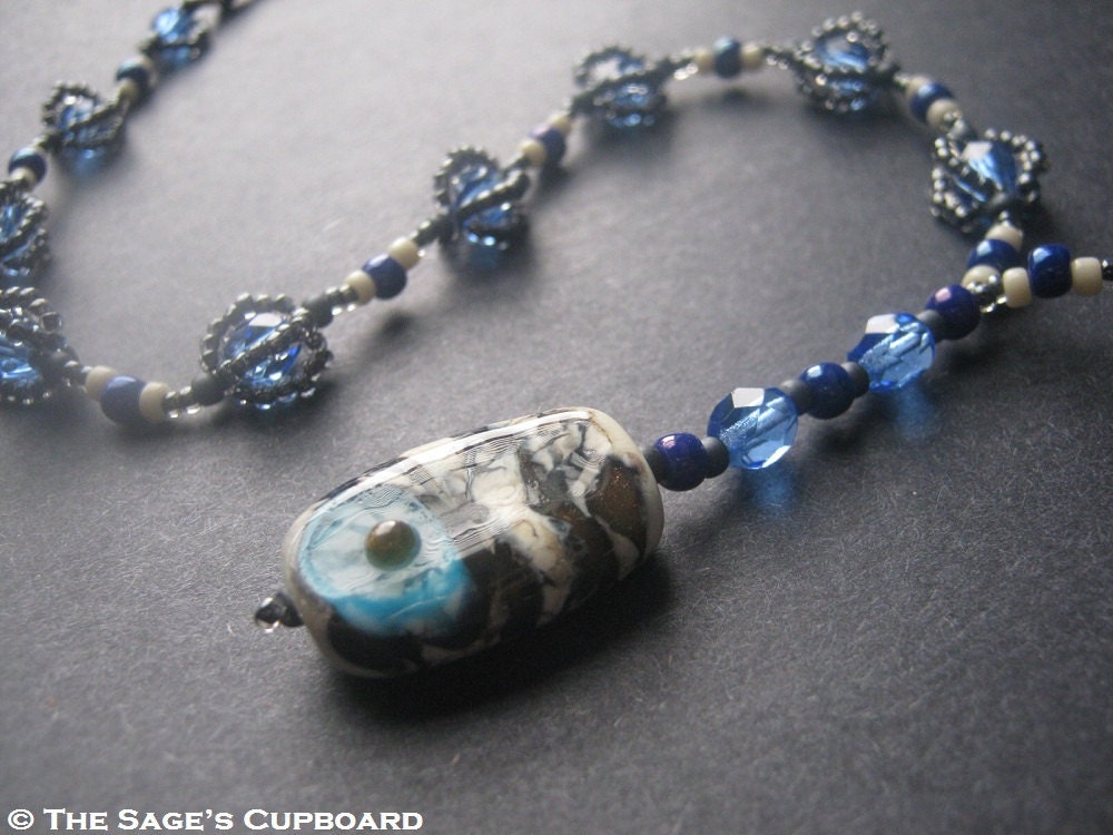 Blue Ivory Glass Pendant. Smokey Gray Swirl Lampwork and Beadwork Necklace
